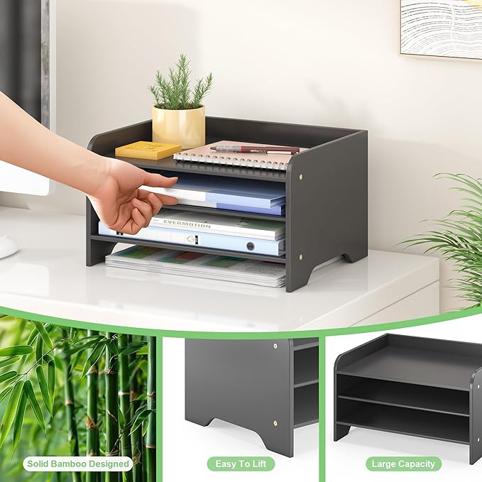 Bamboo Desk Organizer Mail Holder Countertop Letter Tray Wood File Organizer for Desk Letter Sorter Wood Paper File Storage for School Home Office Supplies