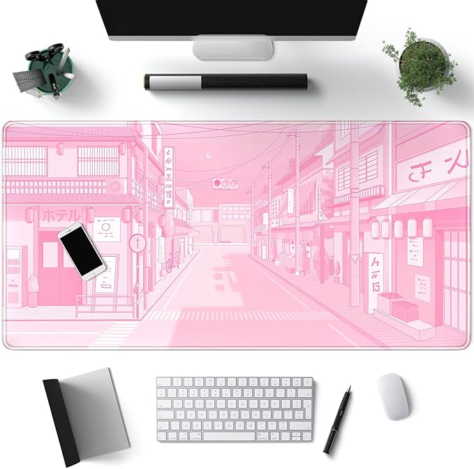 Pink Desk Mat Tokyo Street Desk Mat Anime Japanese Mouse Pad XL Kawaii Large Gaming Mousepad XXL, Cute Desktop Mat Laptop Keyboard Mouse Mat Desk Pad Big 31.5x15.7 in with Stitched Edges Non-Slip