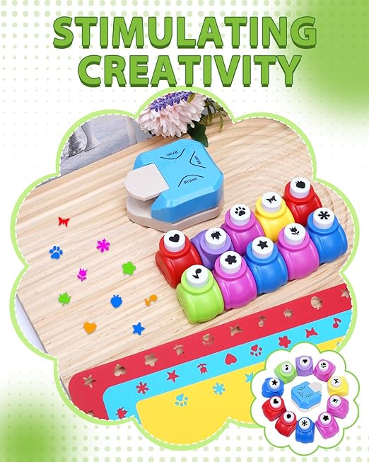 UCEC 3-in-1 Corner Rounder Punch and 10PCS Mini Shape Punches Set, Blue Paper Corner Cutter with 4mm/7mm/10mm Radius, Design Hole Puncher for Scrapbooking, Card Making, Stamp, Teachers and Kids Crafts