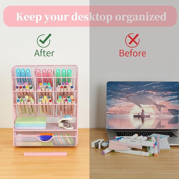 Spacrea Pen Holder Desk Organizer - Desk Organizers and Accessories, Pencil Holder with 10 Compartments and 1 Drawer（Pink）