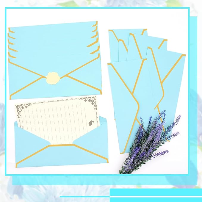 Business Envelopes with V-Flap,Gold Border 30 Pack #10 Envelopes Made of 150gsm Paper, Standard Envelopes with Gold Stickers for Office, Checks, Letter Mailing,9.45 x 4.13 Inches (Light Blue)