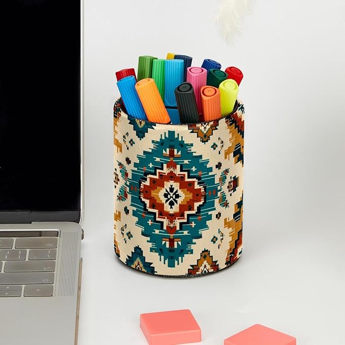 Western Vintage Print Circular Pen Holder, Pen Cup Makeup Brush Holder, Design for School, Home and Stationary Supplies (3.9 x 3.1 Inches)