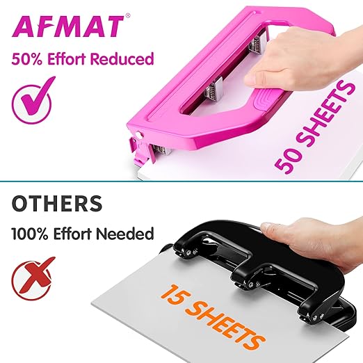 AFMAT Heavy Duty 3 Hole Punch, 50-Sheet, 50% Reduced Effort, Adjustable Two & Three Hole Punch, Metal Paper Puncher w/Large Chip Tray, Metal Paper Guide, Purple
