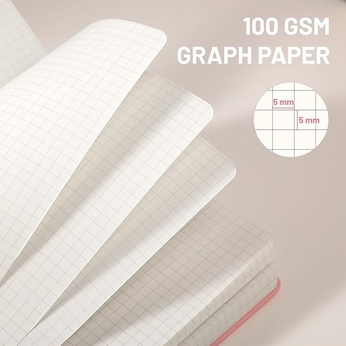 CAGIE Graph Paper Notebook 320 Pages 100 GSM Graphing Grid Journal B5 Hardcover Leather Quad Ruled Notebooks for Engineering, Math, Work, Pink