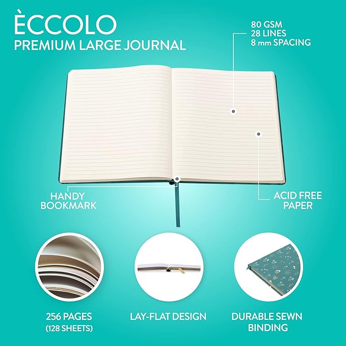 Eccolo Large Lined Journal Notebook, Hardbound Cover, Writing Journal, 256 Ruled Ivory Pages, Ribbon Bookmark, Lay Flat, Desk Size, Tiny Flowers (Green, 8x10 inches)