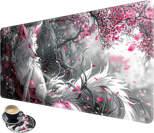 Desk Mat Large Gaming Mouse Pad (31.5x11.8 inch) with Stitched Edges, XL Mouse Pad +Coaster, Extended Mouse Mat Keybroad Mousepad Non-Slip Rubber for Gamer Men Women, White Fox