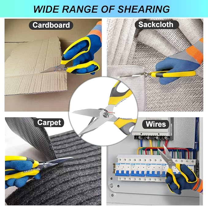 Heavy Duty 8'' Multipurpose Scissors with Protective Cover, Stainless Steel Serrated Blades, Easy Cutting Cardboard, Leather, Fabric, Wires, Nutcracker, Yellow