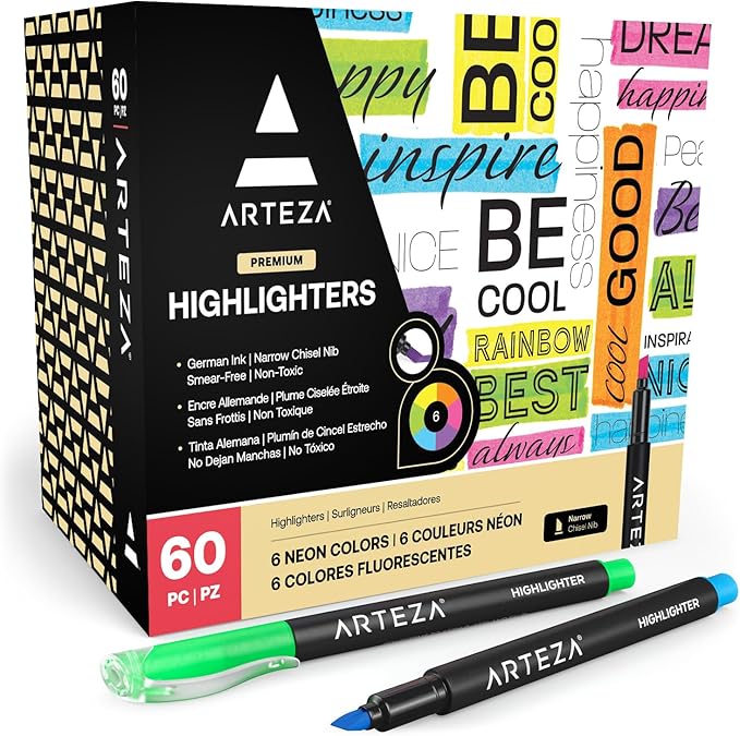 ARTEZA Highlighters Assorted Colors, Set of 60, Narrow Chisel Tip