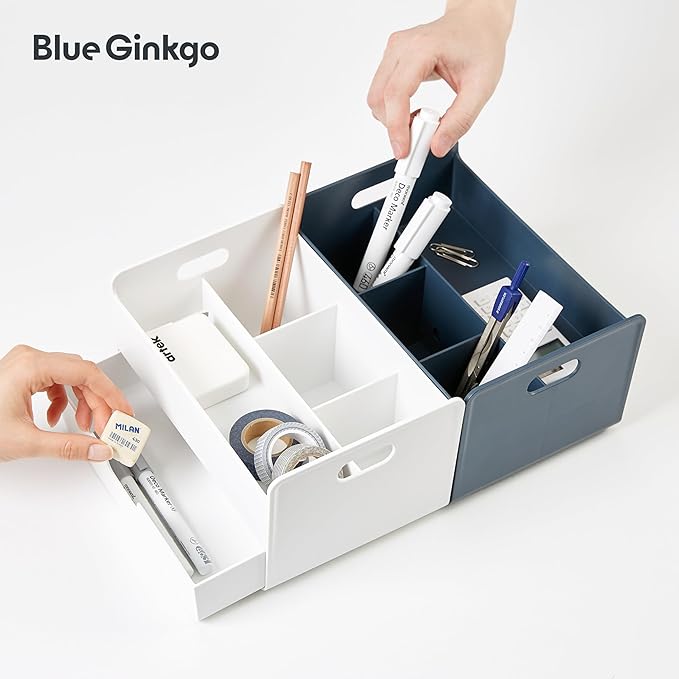 BLUE GINKGO Portable Desk Organizer – Compact 3 Compartment, Half-drawer Storage – Pen Holder, Stationery Desktop Organizer for Office, Makeup, Crafts (Made in Korea, Blue)