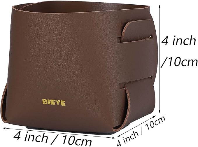 Bieye LSB003 Collapsible Leather Storage Bin Decorative Desk Organizer for Jewelry Makeup Pen Pencil Glasses Remote Controller Storage (Brown, 4" WX4 LX4 H)