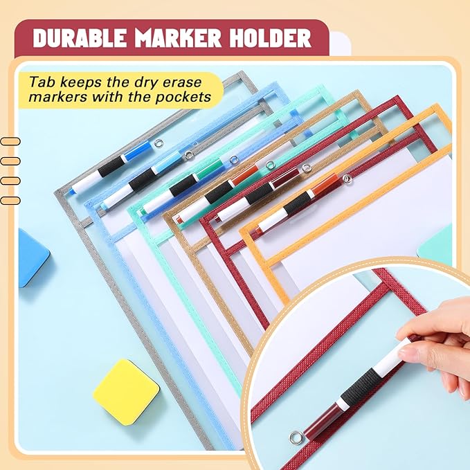 24 Pack Dry Erase Pocket Reusable Sleeves 10" x 14" Clear Plastic Sheet Protectors with Dry Erase Markers and Mini Sleeves Paper Teacher Supplies (Light Boho)