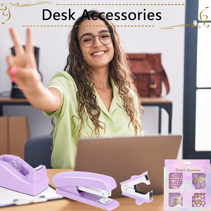 Office Supplies Set,Desk Accessories,Stapler and Tape Dispenser Set,1000 Staples,Staple Remover,Hinder Clips,Ruler,Scissor,Clear Tape,Ballpoint Pen,Sticky Notes,Gifts for Colleagues(Purple)