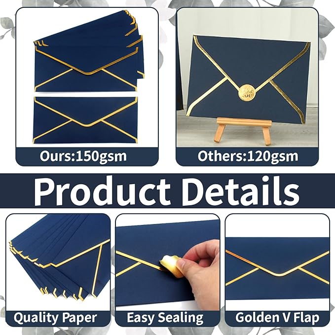 Business Envelopes with V-Flap,Gold Border 30 Pack #10 Envelopes Made of 150gsm Paper, Standard Envelopes with Gold Stickers for Office, Checks, Letter Mailing,9.45 * 4.13 Inches(Navy Blue)