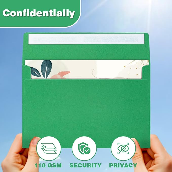 50 Pack A9 Blank Invitation Envelopes, 5-3/4 x 8-3/4 Inches Green Self Seal Envelopes - Heavyweight, Peel & Seal for Invites, Greeting Cards & Mailing