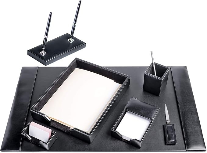 Dacasso Bonded Set Luxury Leather Desk Pad & Desk Organization Essentials, 7 Piece, Black