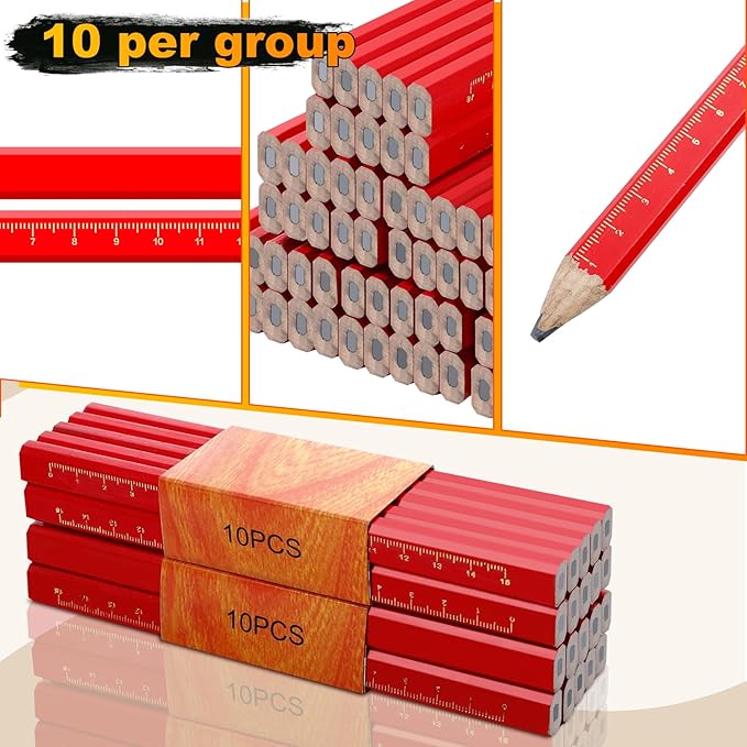 100 Pcs Carpenter Pencils,Construction Pencils with Printed Ruler,Flat Octagonal Hard Black Carpenter Pencil for Woodworking Marking Construction Plans