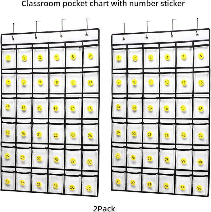 2 Pack 36 Pockets Classroom Pocket Chart for Cell Phone Calculator Holder,Clear Pocket Chart Organizer for Classroom Cellphone Storage with 36 Number Sticker Size:38.5x25.7 Inch (White-2pack)