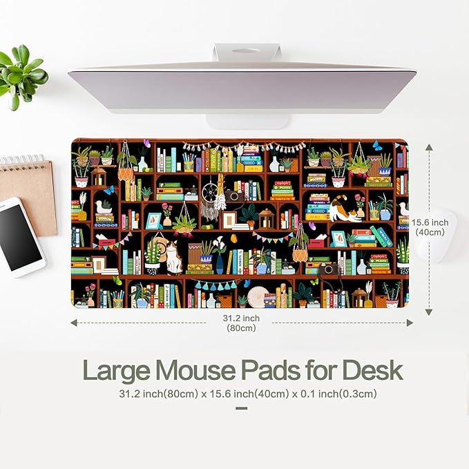 Vimorco Desk Mat Mouse Pad Cozy Cats, Cute Cat XXL Extended Large Gaming Desk Pad Mousepad, Computer Laptop Keyboard Mouse Mat for Work/Game/Office/Home 31.5x15.7 in, Bookshelf Greenery
