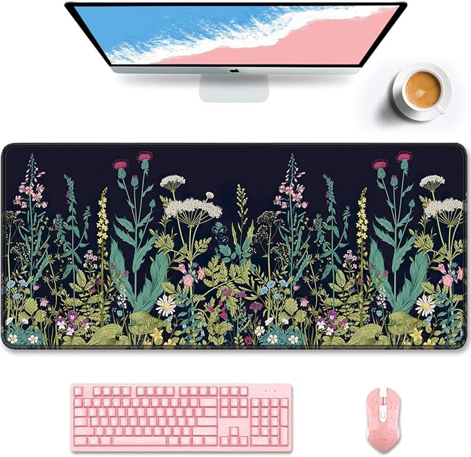Auhoahsil Desk Pad, XXL Large Mouse Pad, Extended Gaming Mousepad, Cute Desk Mat for Women, Big Office Accessories Mouse Pad for Computer Keyboard and Laptop, 35.6" x 15.7", Black Wildflower Night