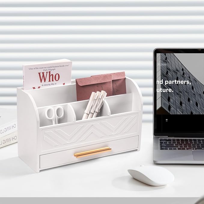 Mail Organizer Countertop Kitchen-White Mail Holder Countertop Drawers Wood Desk Drawer Tabletop Storage Organization Pen Holder Letter Sorter Makeup Organizer for School Home Office Supplies