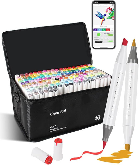 YHC 168 Colors Alcohol Brush Marker with Free App, Chen Rui Dual Tips Art Markers for Adults and Kids, Alcohol Based Brush & Chisel Tips Markers for Drawing, Coloring, Painting, Sketching