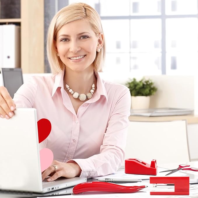 Red Desk Accessories, Red Office Supplies,Stapler and Tape Dispenser Set, Red Desk Accessory Kit, Gift for Students, Women, Coworkers, Boss Lady, Office Clerks