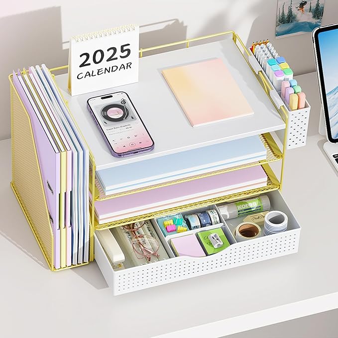 Wood Desk Organizers and Accessories with File Holder, 4-Tier Desk Accessories & Workspace Organizers with Drawer and Pen Holder, Paper Organizer for Office Supplies (Gold)