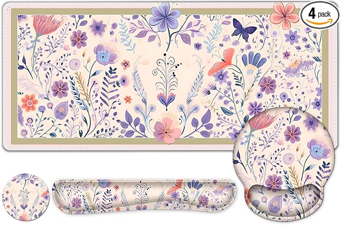 Cute Desk Mat, 4in1 Large Mouse Pad with Wrist Rest, Desk Matt for Desktop, Deskpad Mat, Anti-Slip XXL Computer Ergonomic Mousepad with Wrist Support for Keyboard and Mouse I Retro Purple Floral