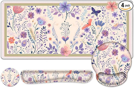 Cute Desk Mat, 4in1 Large Mouse Pad with Wrist Rest, Desk Matt for Desktop, Deskpad Mat, Anti-Slip XXL Computer Ergonomic Mousepad with Wrist Support for Keyboard and Mouse I Retro Purple Floral