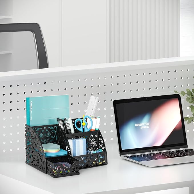 EasyPAG Pen Holder Desk Organizer with Drawer Pencil Cup for Desk 6 Compartments Metal Office Caddy Storage with Sticky Notes Holder for School Home Office, Black