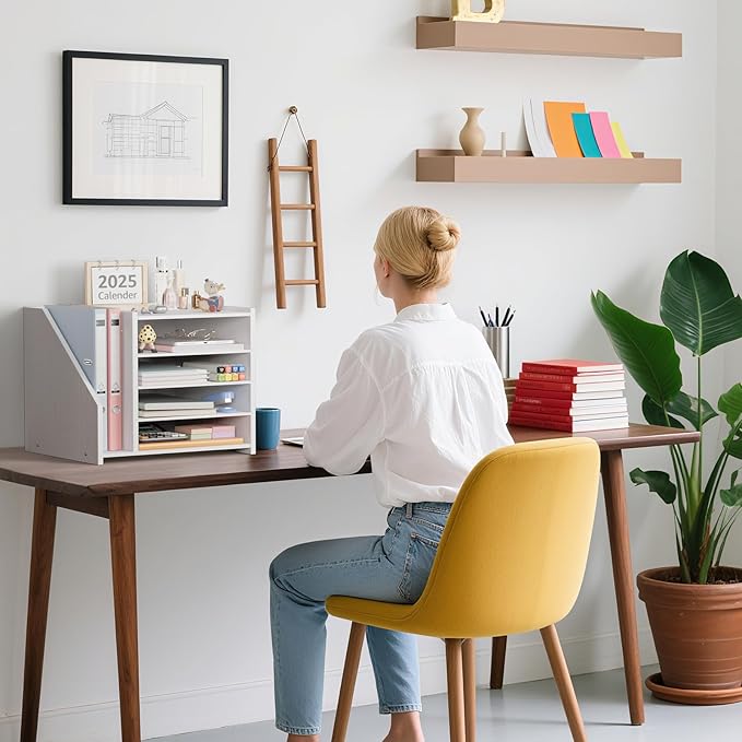 Wood Paper Tray Organizer for Desk - 5 Tier Desk Top File Storage Office Workspace Desktop Organization Stationary Small Wooden Shelf, White