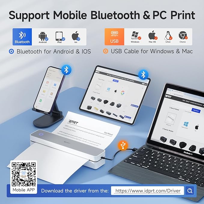 iDPRT Portable Printer Wireless for Travel - Bluetooth Mobile Printer Support for 8.5"x11" US Letter, Inkless Compatible with iOS, Android, Laptop for Office, Car and Home (pro, White)