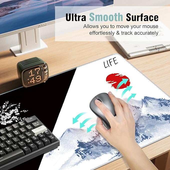 Japanese Death & Life Style Large Mouse Pad, 31.5 X 11.8 Inch Cool Design Full Desk Gaming Mouse Pad Desk Mat, Black White Cherry Blossom & Watercolor Japan Fuji Mountain Painting Mousepad