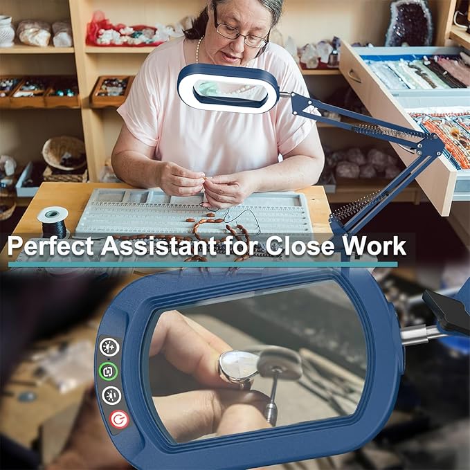 10X Rectangle Magnifying Glass with Light, 5 Color Modes Stepless Dimmable Magnifier with Stand, LED Lighted Clamp Desk Lamp with Swing Arm, Hands Free for Reading Painting Close Work - Blue