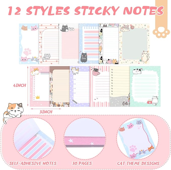 24 Pcs Cat Sticky Notes with Pens Cat Themed Gifts Party Favors Notepad Cute Memo Notes Pads Black Ink Ballpoint Pen for Women Animal Lover Christmas Gifts Office School Students Teacher Supplies