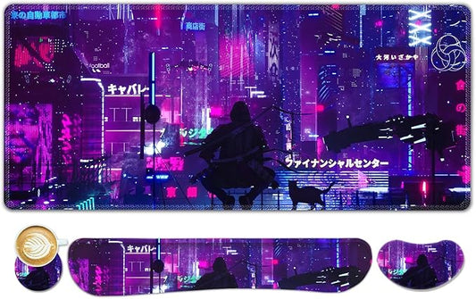 Anime Neon Large Mouse Pad and Keyboard Wrist Rest,Purple Extended Mouse Pad with Wrist Support Ergonomic, Non-Slip Desk Mat, Desk Protector Blotter for Home Office, Warrior Cat