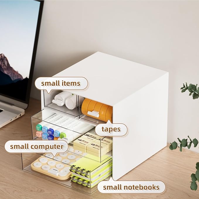 Marbrasse Desk Organizer with 4 Drawers，Office Organization, Clear Plastic Desk Organizers and Storage, Desktop Organizer for Office School Home (White-4 Drawers)