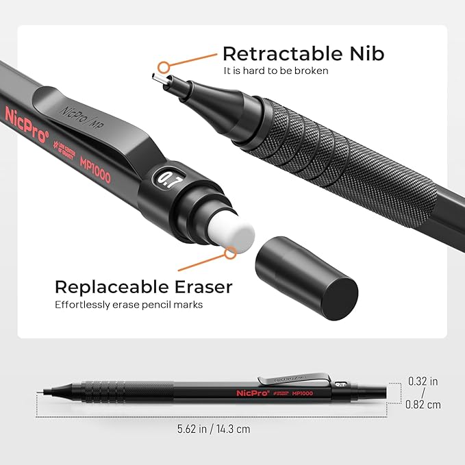 Nicpro 20PCS Black Metal Mechanical Pencil Set in Leather Case, Drafting Pencil 0.3, 0.5, 0.7, 0.9 mm & 2mm Lead Holders, 9 Tube (4B 2B HB 2H Colors) Lead Refills, Erasers For Art Sketching Drawing