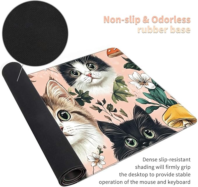 Desk Mat Large Gaming Mouse Pad (31.5x11.8 inch) with Stitched Edges, XL Mouse Pad +Coaster, Extended Mouse Mat Keybroad Mousepad Non-Slip Rubber for Gamer Men Women, Cute Cats