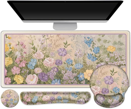 AIMSA Large Gaming Mouse Pad, Keyboard Wrist Rest Pad, Wrist Support Mousepad Set, Extended Desk Pad Ergonomic Desk Mat for Home Office, Beautiful Flowers
