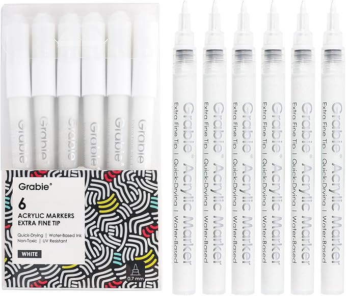 Grabie 6 White Extra Fine Tip Acrylic Paint Marker Set, 6 Pack, 0.7mm Acrylic Paint Pens for Highlights, Highlight Markers (6 White Acrylic Markers)