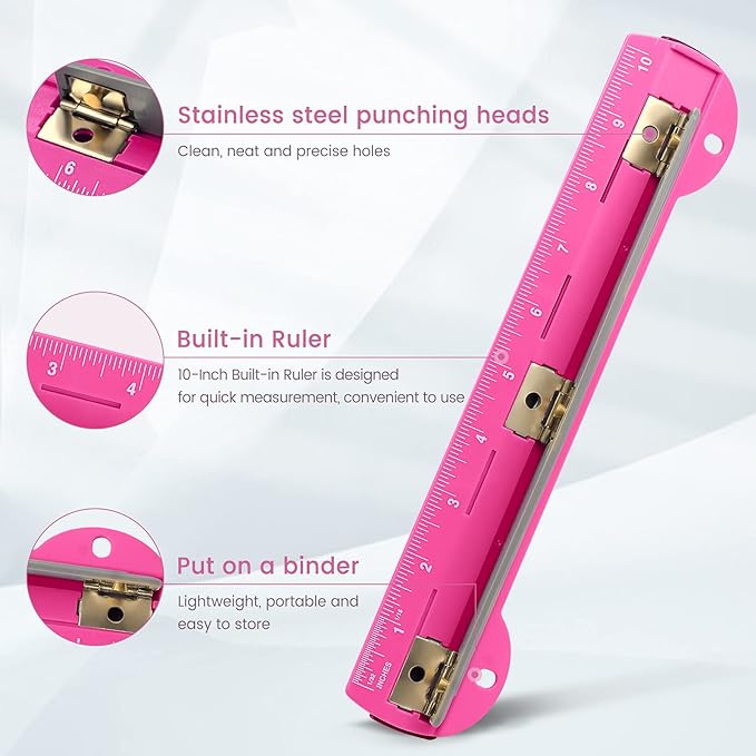 Eagle 3 Hole Punch, Portable Ring Binder 3 Hole Punch, Paper Puncher with Integrated Ruler, 5 Sheets Capacity, for Ring Binders, Office and School Supplies (Deep Pink)