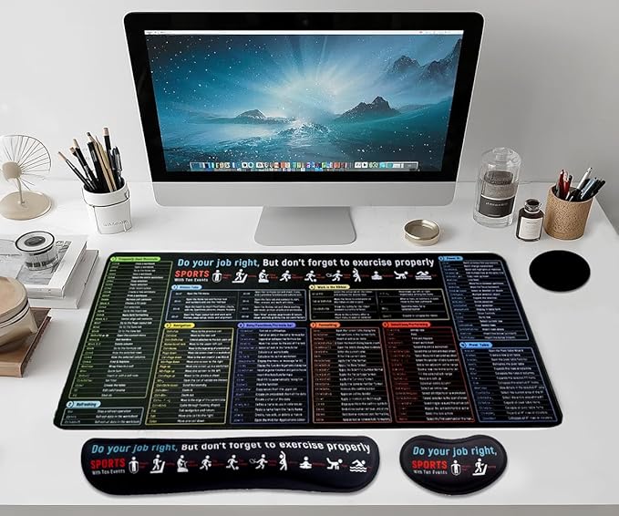 Large Mouse Pad Set, Cute Extended Mouse Pad+Keyboard Wrist Rest Support Desk Pad Memory Foam Ergonomic Easy Typing - Shortcut Keys