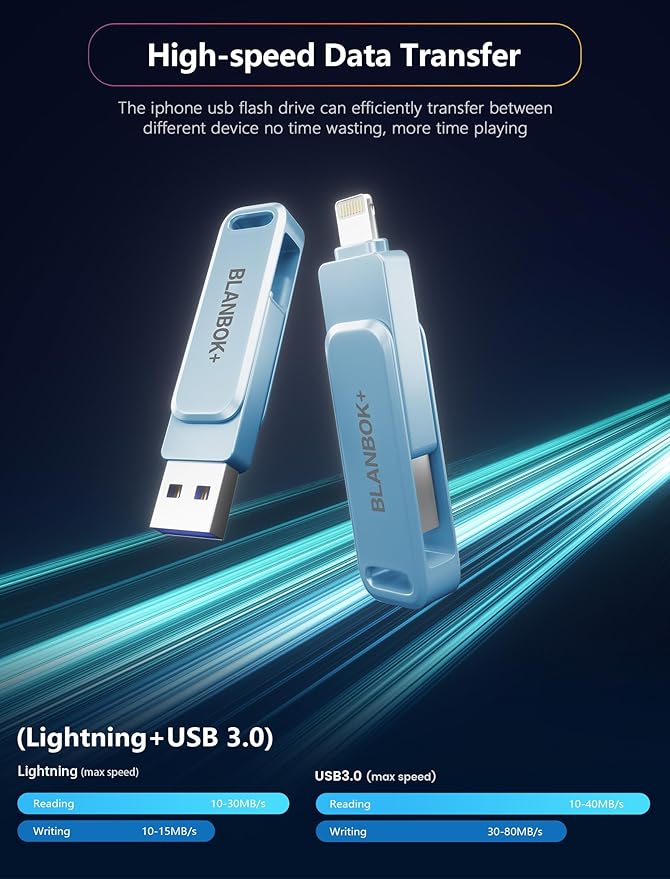 MFi Certified 256GB Photo Stick for iPhone Flash Drive,USB Memory Stick Thumb Drives High Speed USB Stick External Storage Compatible for iPhone/iPad/Android/PC (Blue)