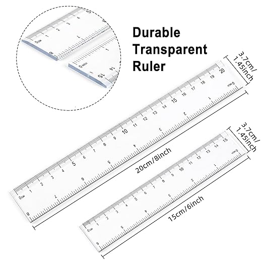 4 Pack Plastic Measuring Tool - 8 inch & 6 inch Straight Ruler with Inches and Metric for School, Office, Construction (Clear, 20cmx2, 15cmx2)