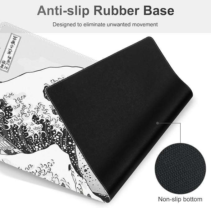 Gaming Mouse Pad Keyboard Wrist Support, 4 in1 Mousepad Set with Wrist Keyboard Rest, Computer Desk Mat, Non-Slip Desk Pad Protector with Memory Foam Easy Typing Pain Relief I Japanese Sea Wave