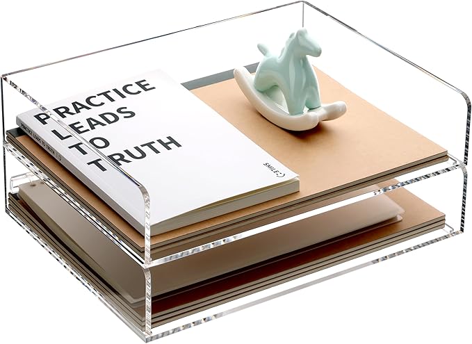 Paper Organizer for Desk,2 Tier Stackable Paper File Holder Tray,A4 Size Acrylic Desk Organizer Letter Tray,Desk Organizer/Accessories for Office Home School Organization-Clear