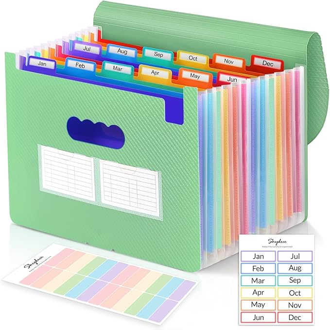 SKYDUE Accordion File Organizer, 13 Pocket Document Organizer, Expanding File Folder with Labels for Letter A4 Size, Office School Filing Use Green