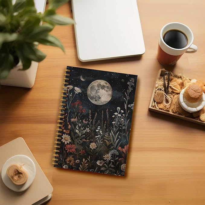 Moody Floral Moon Witchy Notebook, Dark Academia Cottagecore Flower Journal, Mystical Celestial Wildflower Botanical Journal, Vintage Witchy Hardcover Spiral Notebooks 5.5x8.3 Inch
