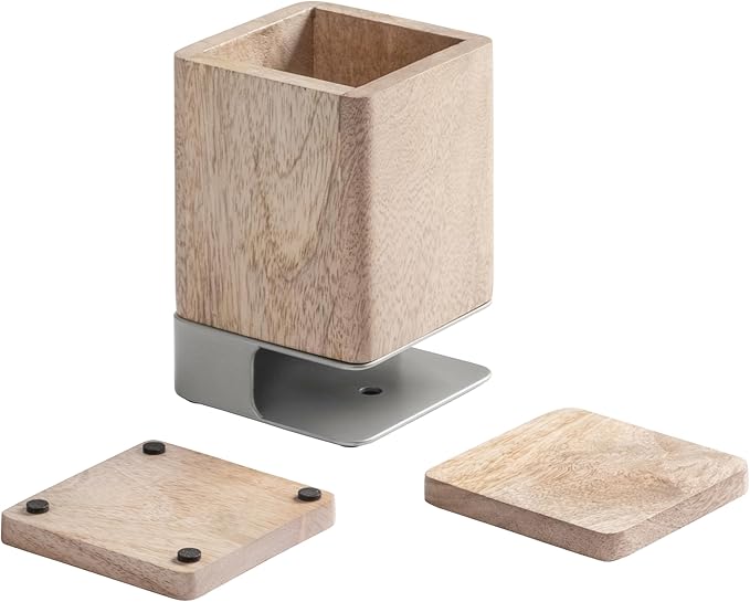 Anji Mountain Mango Wood Pen Holder with 2 Coasters, Stained Wood & Powder Coated Metal Pen Holder, Sustainable Room Decor Desk Organizer, Stylish Designer Pencil Case for Office Supplies
